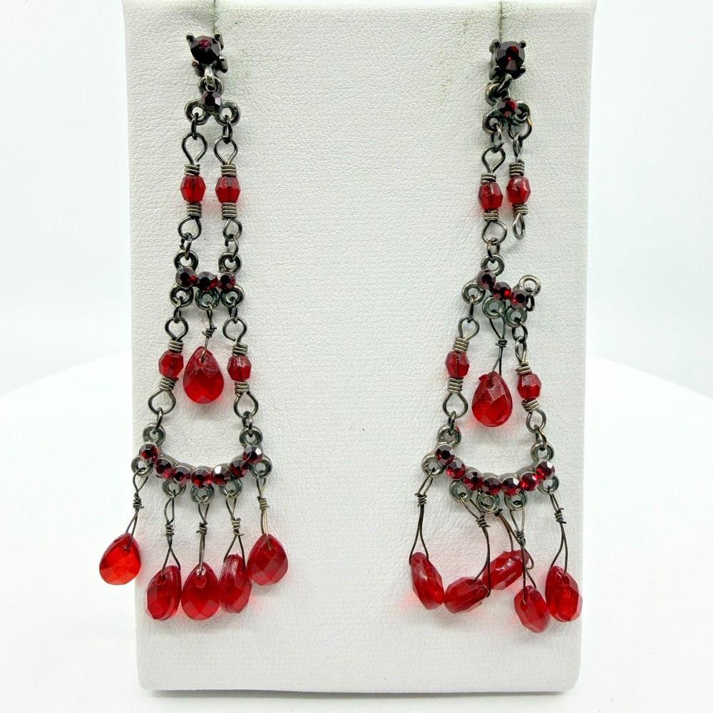 Dark Glam Red Crystal Dangle Drop Earrings Boho Statement Festival Jewelry Gift